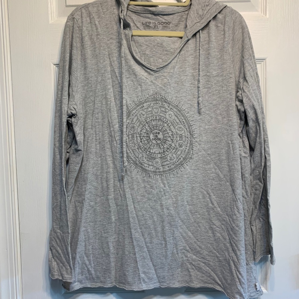 Life is Good Hoodie XL Gray Mandala Positive Energy Graphic Long Sleeve Tee Boho